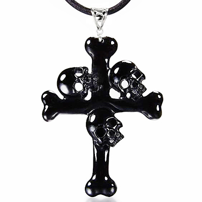 Triad Crystal Skull Pendant - Black Obsidian Carved Crystal Skull Trio and Bones Cross Pendant with 925 Sterling Silver Chain
